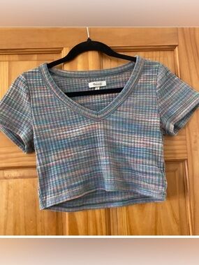 Madewell Ribbed Crop Top Multicolor Stripe V Neck Short Sleeve Top Size M